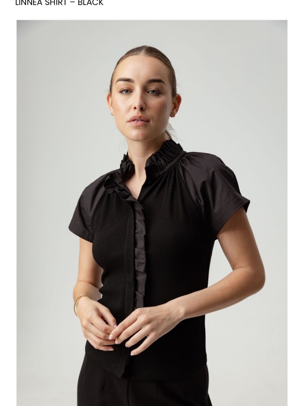 Sundays Linnea Black Ruffle-Trim Short Sleeve Shirt